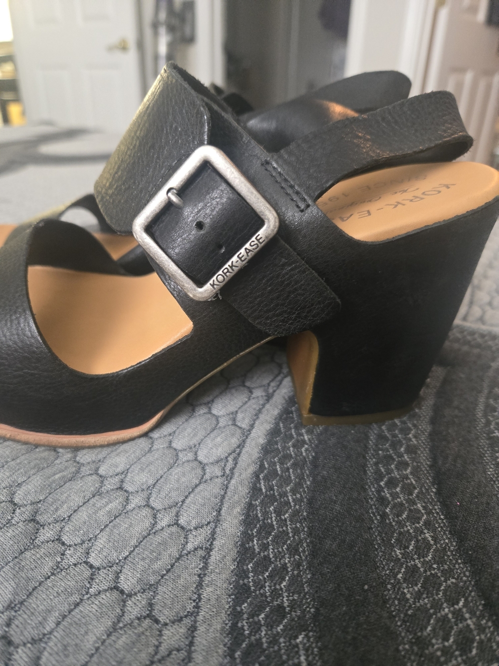 Kork-Ease Black Leather Block Heel Sandals
